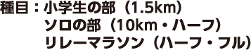 種目：小学生の部（1.5km）、ソロの部（10km・ハーフ）、リレーマラソン（ハーフ・フル）